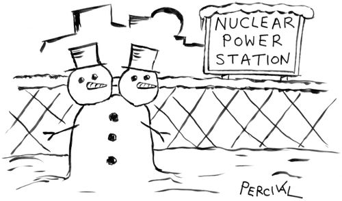 Double headed snowman outside a nuclear power station.