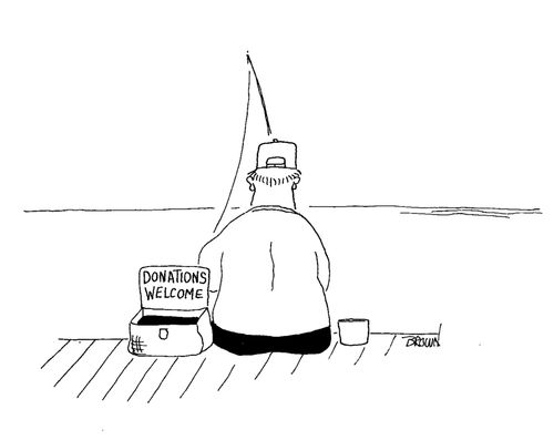 Fisherman with donations welcome sign.