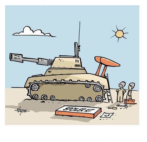 Soldiers installing spoiler on tank.