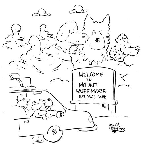 Dog and family arrive at 'Mount Ruffmore' National Park, instead of Mount Rushmore.