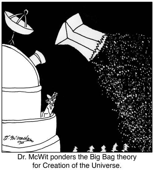 Dr. McWit ponders the Big Bag theory for Creation of the Universe.