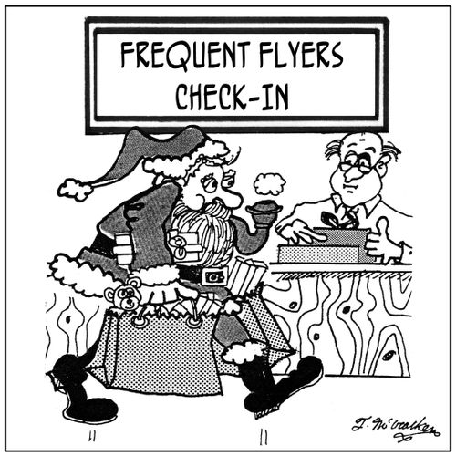 Santa with shopping bags at the airport goes to the 'Frequent Flyers Check-In' desk.