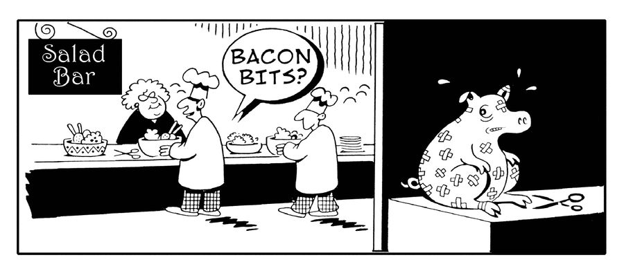 Pig in the back room sits quivering as the chef offers bacon bits to a customer.