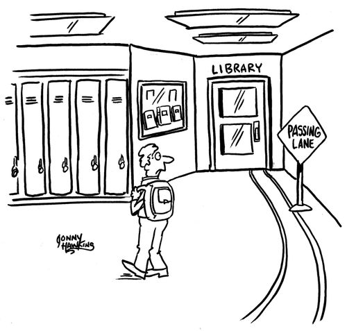 Sign by school library reads: 'Passing Lane'