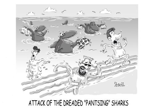 Attack of the dreaded 'Pantsing' sharks.