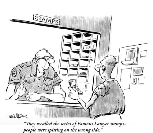 Clerk: 'They recalled the series of Famous Lawyer stamps... people were spitting on the wrong side.'