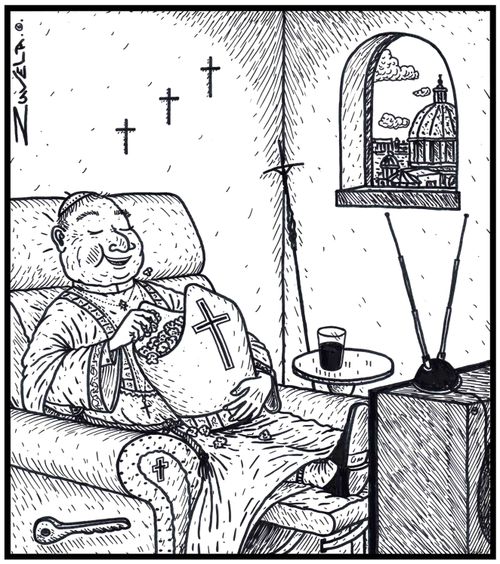 Pope watching television, eating popcorn out of his Mitre hat.