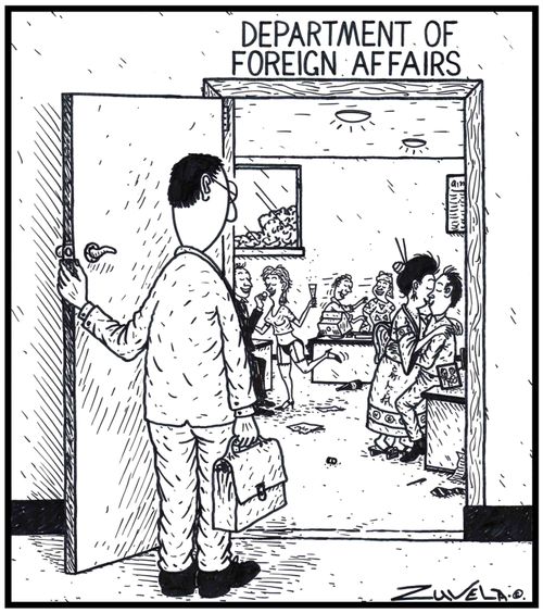 Department of Foreign Affairs Foreign Affairs staff and their Mistresses from various parts of the World,having some fun in the office, witnessed by a stunned member of the public.