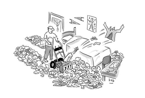 College student cleans messy dorm room littered with clothes with leafsnow blower