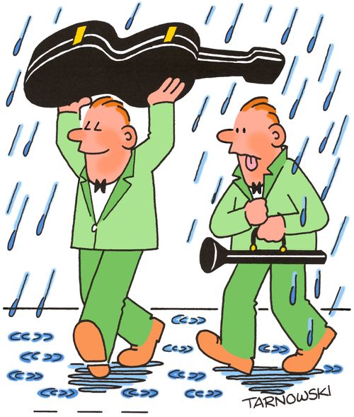 Musicians in the rain.