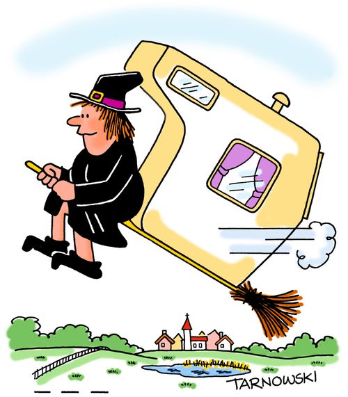 Witch with a mobile home on her broomstick.