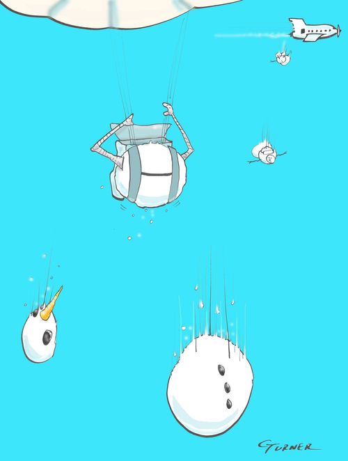 Parachuting snowmen losing their heads.