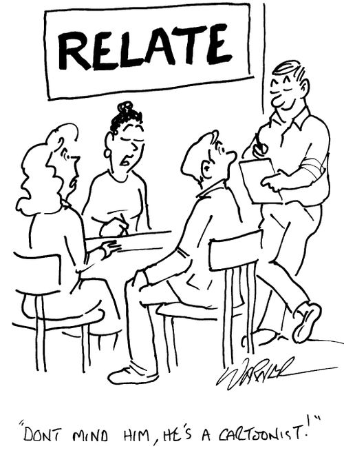 Relate - "Don't mind him, he's a cartoonist!"