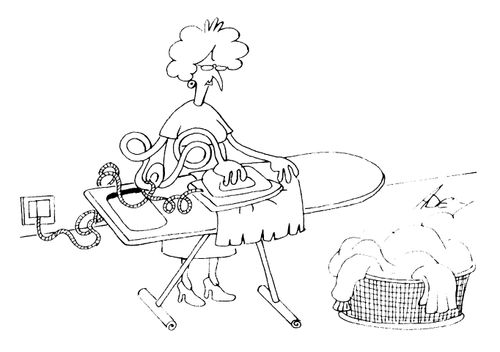 Woman tangled up ironing