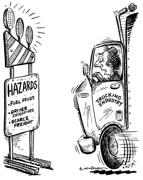 Truck careering towards hazards sign showing fuel prices etc