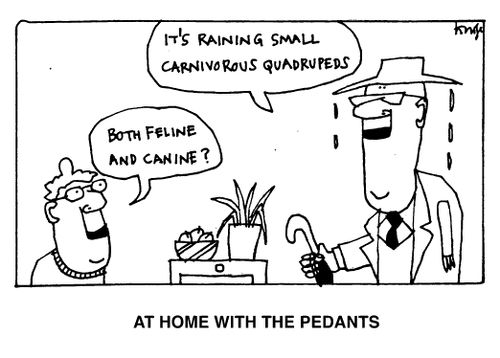 At home with the pedants "It's raining small carnivorous quadrupedes" "Both feline and canine?"
