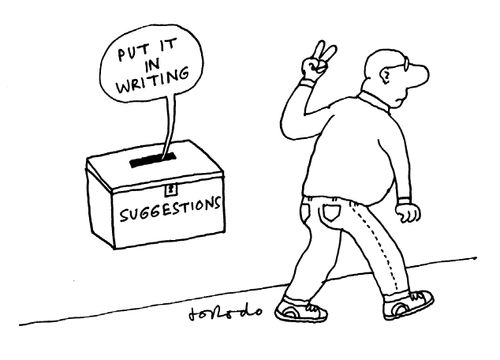 Suggestion box saying - 'put it in writing.'