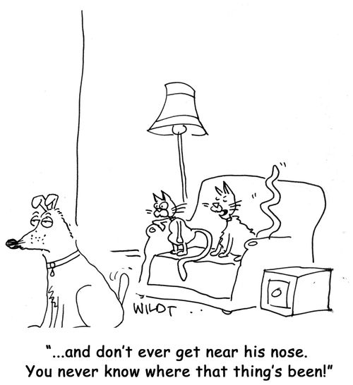 '...and don't ever get near his nose.   You never know where that thing's been!'