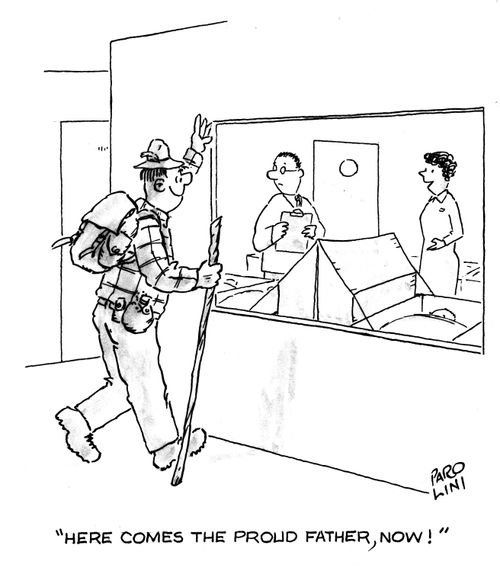 'Here comes the proud father, now!'