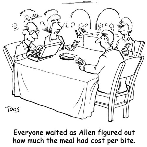Everyone waited as Allen figured out  how much the meal had cost per bite.
