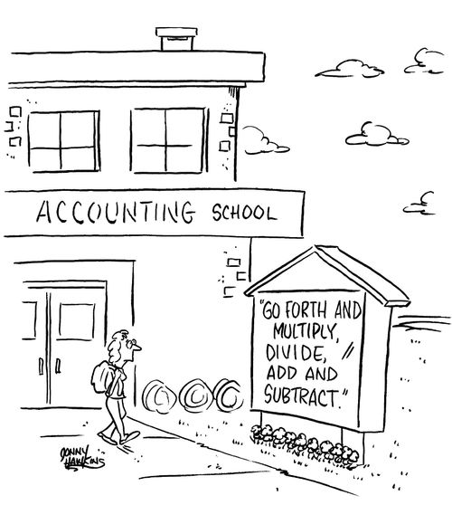 Accounting School sign says: 'Go forth and multiply, divide and subtract.'