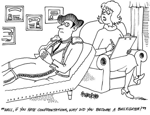 'Well if you hate confrontations, why did you become a bull fighter?'
