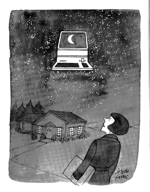 Computer in the sky with moon on screen.
