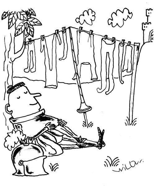 Undergarments drying on washing line propped up with lance.