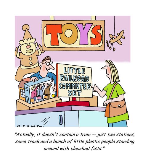 "Actually, it doesn't contain a train -- just two stations, some track and a bunch of little plastic people standing around with clenched fists."