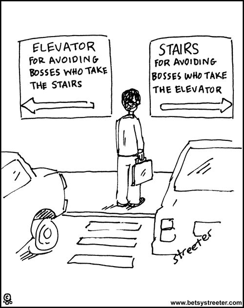 Avoiding bosses on stairs vs. elevator.