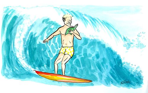 Surfboarder reading.