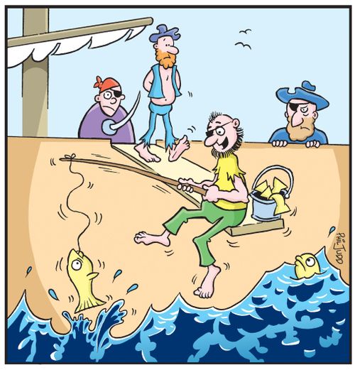Pirate walking the plank. At the end of it is another pirate fishing disrupting the punishment.