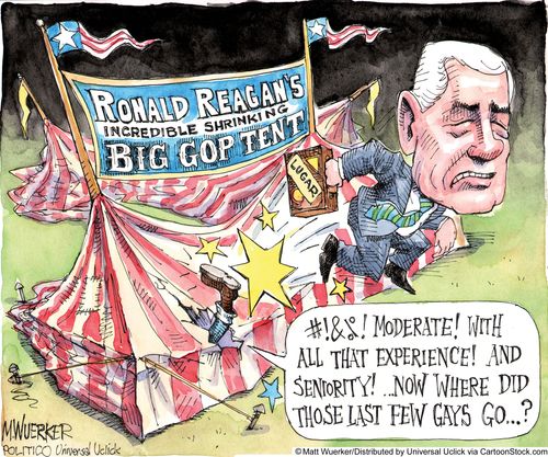'Moderate! With all that experience! And seniority!...Now where did those last few gays go...?'