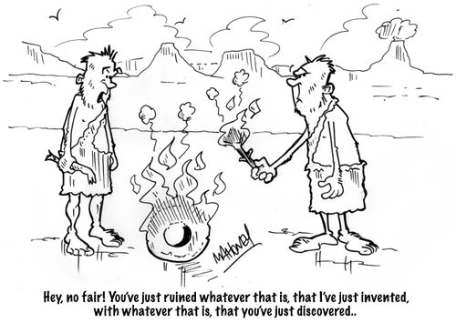 Cavemen. Wheel being burnt with fire.