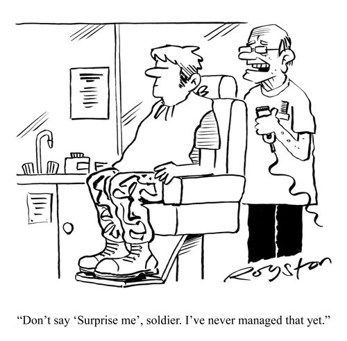Army barber says: 'Don't say 'Surprise me', soldier. I've never managed that yet.'