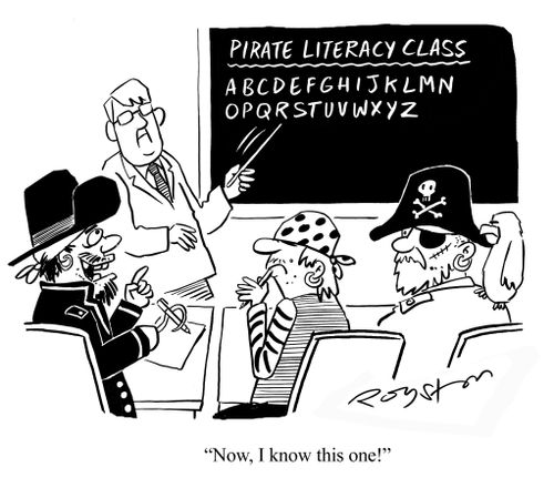 Pirate literacy class. Pirates learning alphabet reach the letter 'R'. One says: 'Now, I know this one!'