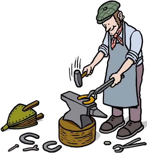 A blacksmith shaping a horse shoe on an anvil.