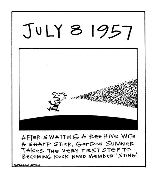 "After swatting a bee hive with a sharp stick, Gordon Sumner takes the very first step to becoming rock band member 'Sting'."
