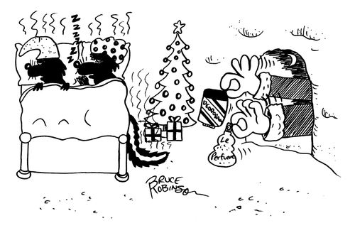 Hands of Santa Claus reaching into sleeping skunk's cave with gifts of deodorant and perfume.