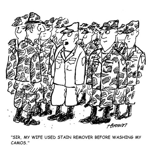 'Sir, my wife used stain remover before washing my camos.'
