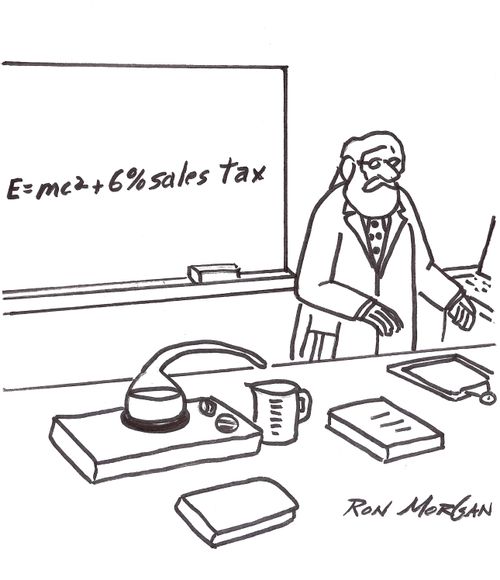 Scientist has note on chalkboard: E=mc2 + 6% sales tax.