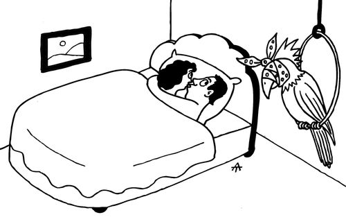 Man and women blindfold their parrot whilst they are in the bedroom.
