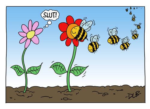 One flower has a long line of bees waiting to pollinate it while the flower beside it has none.