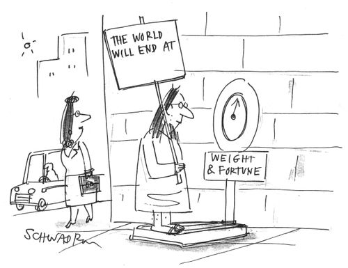Consulting a 'Weight and Fortune' machine to predict the end of the world.