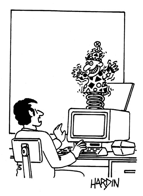 Jack-in-a-box popping out of a computer monitor.