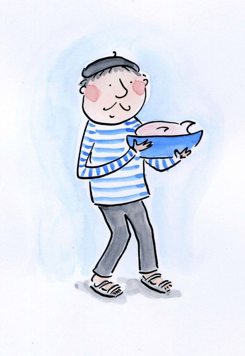French man holding a dish.
