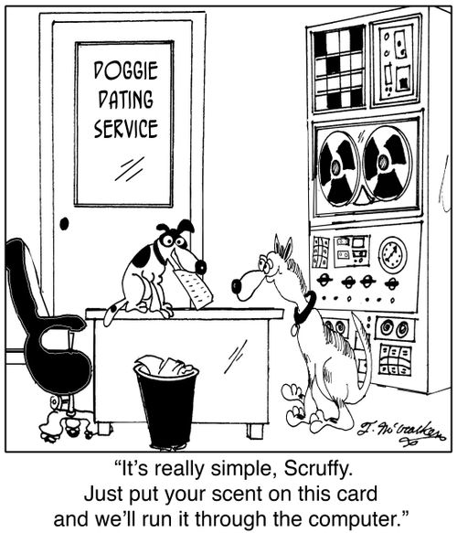  'It's really simple, Scruffy. Just put your scent on this card and we'll run it through the computer.'