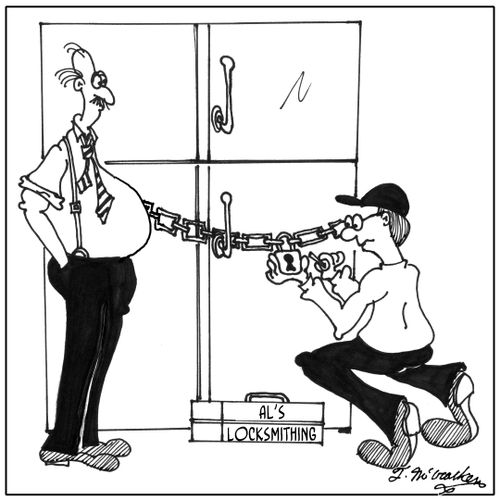 A fat man watches as a locksmith picks at large padlock chained around the refrigerator.