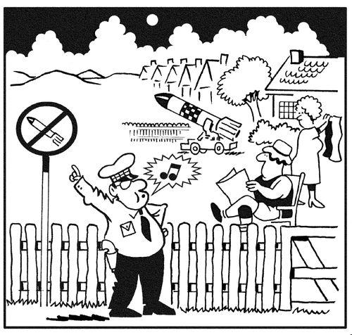 Traffic warden draws couple's attention to sign outside their garden stating no nucleur missiles.