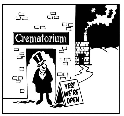 Crematorium with sign outside saying 'Yes! We're open.'